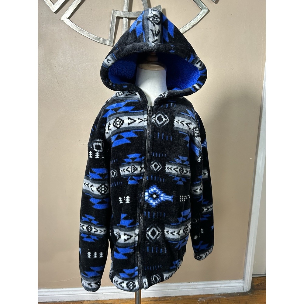 NU TRENDZ Silk touch Sherpa Bonded Black Neon Native American Kids Jacket Sz 7/8